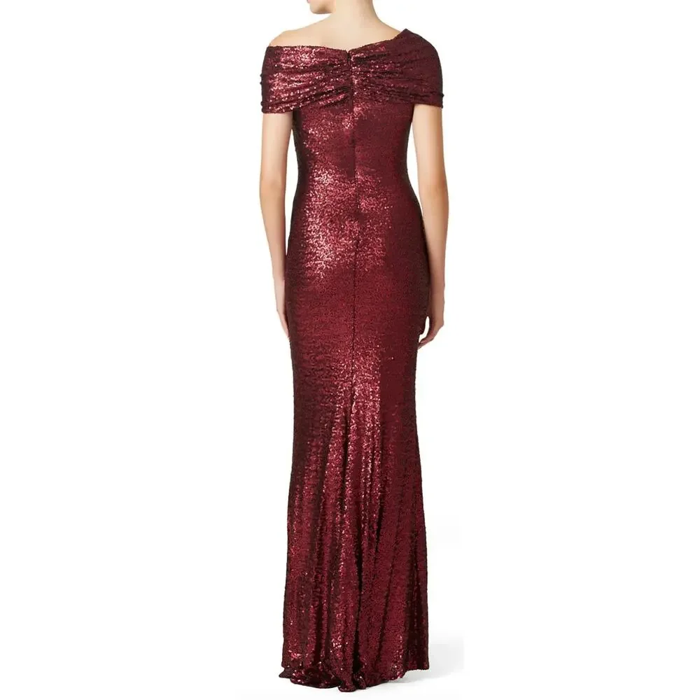 Badgley Mischka Bordeaux Red Sequin Gown Size 22 Off Shoulder Formal Luxury $695 - Picture 2 of 14